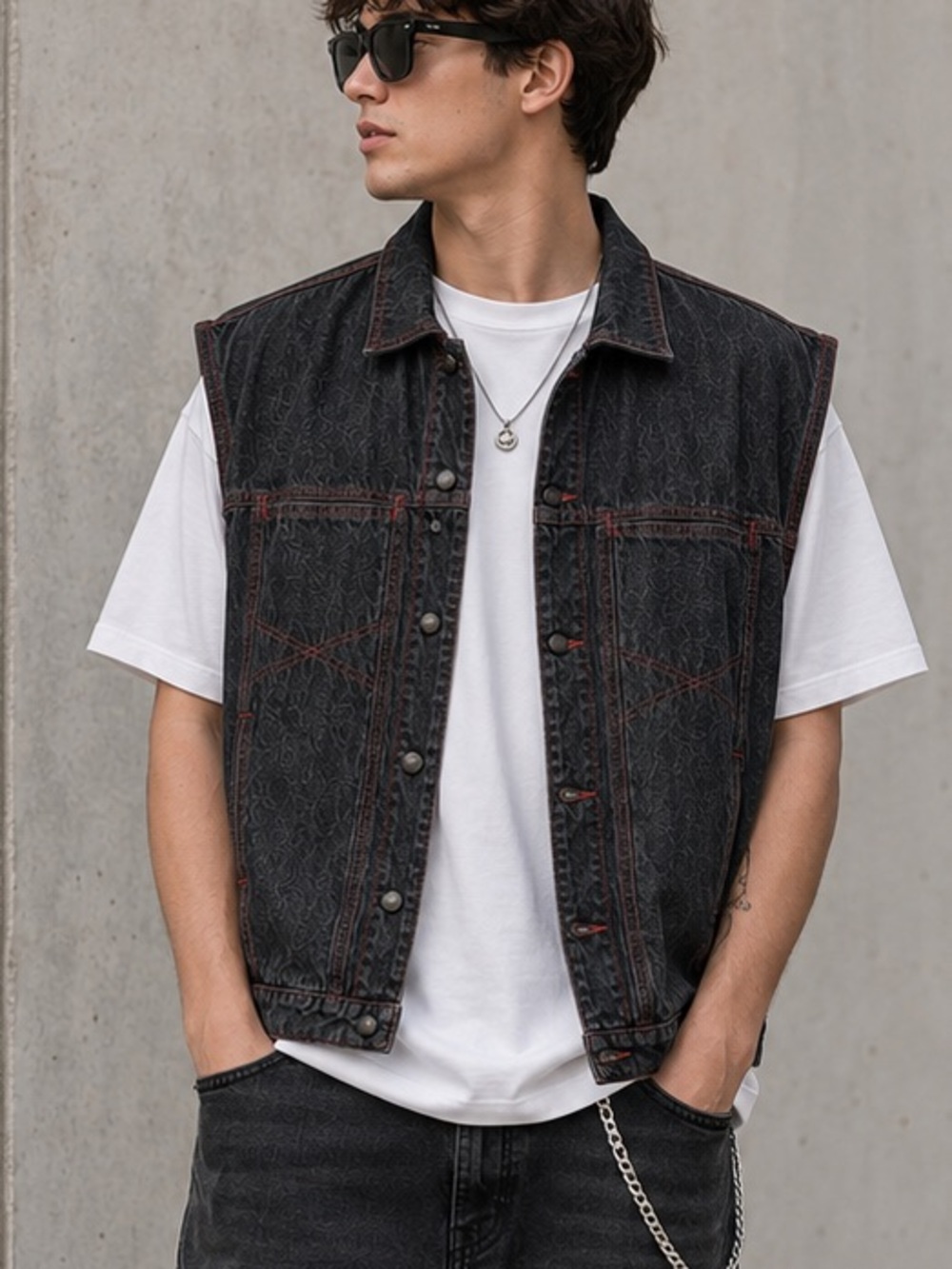 VTG Marithe Francois Men’s Girbaud Black Washed Denim Vest with Red Stitching